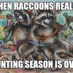 Party raccoons | WHEN RACCOONS REALIZE HUNTING SEASON IS OVER | image tagged in party raccoons | made w/ Imgflip meme maker