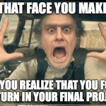 NOOOOO! | THAT FACE YOU MAKE WHEN YOU REALIZE THAT YOU FORGOT TO TURN IN YOUR FINAL PROJECT. | image tagged in olaf panic,panic,school,finals | made w/ Imgflip meme maker