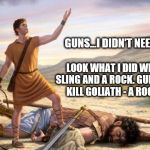 King David       | GUNS...I DIDN'T NEED A GUN! LOOK WHAT I DID WITH MY SLING AND A ROCK. GUNS DIDN'T KILL GOLIATH - A ROCK DID! | image tagged in king david,memes,goliath,gun control,biblical | made w/ Imgflip meme maker