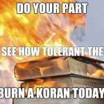 burning books | DO YOUR PART BURN A KORAN TODAY LET'S SEE HOW TOLERANT THEY ARE | image tagged in burning books | made w/ Imgflip meme maker