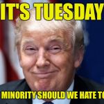 donald trump | IT'S TUESDAY WHAT MINORITY SHOULD WE HATE TODAY? | image tagged in donald trump,memes | made w/ Imgflip meme maker