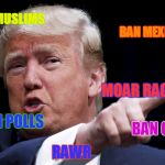 The Donald | BAN MUSLIMS BAN MEXICANS BAN GAYS MOAR RAGE MUCH POLLS RAWR | image tagged in trumpy | made w/ Imgflip meme maker