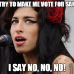 Amy Winehouse! | THEY TRY TO MAKE ME VOTE FOR SANDERS I SAY NO, NO, NO! | image tagged in amy winehouse | made w/ Imgflip meme maker
