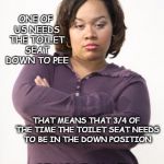 Put it DOWN! | WE BOTH NEED THE TOILET SEAT DOWN TO POOP ONE OF US NEEDS THE TOILET SEAT DOWN TO PEE SIMPLE MATH, PUT IT DOWN! THAT MEANS THAT 3/4 OF THE T | image tagged in angry woman,memes,toilet humor | made w/ Imgflip meme maker