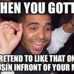 Drake | WHEN YOU GOTTA PRETEND TO LIKE THAT ONE COUSIN INFRONT OF YOUR MOM | image tagged in drake | made w/ Imgflip meme maker