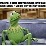 kermit | WHEN CHARLIE SHEEN START DROWNING IN THE POOL AND THE SQUAD YELLIN  -" YOU THE ONLY ONE THAT KNOW CPR"!!!! | image tagged in kermit | made w/ Imgflip meme maker