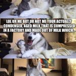 I'm Bad at Puns Dog | WHAT DID THE COW SAY TO THE CHEEZIT? LOL UR ME BUT UR NOT ME YOUR ACTUALLY CONDENSED, AGED MILK THAT IS COMPRESSED IN A FACTORY AND MADE OUT | image tagged in i'm bad at puns dog | made w/ Imgflip meme maker