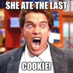 arnold | SHE ATE THE LAST COOKIE! | image tagged in arnold | made w/ Imgflip meme maker