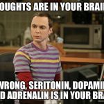 Sheldon Cooper Psychic Vortex | THOUGHTS ARE IN YOUR BRAIN ? WRONG, SERITONIN, DOPAMIN AND ADRENALIN IS IN YOUR BRAIN | image tagged in sheldon cooper psychic vortex | made w/ Imgflip meme maker