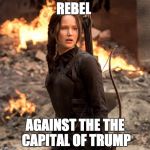 Katniss Mockingjay | REBEL AGAINST THE THE CAPITAL OF TRUMP | image tagged in katniss mockingjay | made w/ Imgflip meme maker