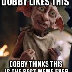 Dobby | DOBBY LIKES THIS DOBBY THINKS THIS IS THE BEST MEME EVER | image tagged in dobby | made w/ Imgflip meme maker