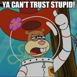 Sandy Cheeks - Ya Can't Trust Stupid! | YA CAN'T TRUST STUPID! | image tagged in sandy cheeks - tough 2,memes,spongebob squarepants,sandy cheeks cowboy hat,funny,texas girl | made w/ Imgflip meme maker