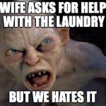 Golem | WIFE ASKS FOR HELP WITH THE LAUNDRY BUT WE HATES IT | image tagged in golem | made w/ Imgflip meme maker