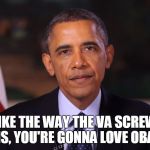 Irritated Obama | IF YOU LIKE THE WAY THE VA SCREWS OVER VETERANS, YOU'RE GONNA LOVE OBAMACARE | image tagged in irritated obama | made w/ Imgflip meme maker