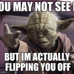 yoda | YOU MAY NOT SEE IT BUT IM ACTUALLY FLIPPING YOU OFF | image tagged in yoda | made w/ Imgflip meme maker