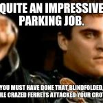 Downvoting Roman Meme | QUITE AN IMPRESSIVE PARKING JOB. YOU MUST HAVE DONE THAT BLINDFOLDED,  WHILE CRAZED FERRETS ATTACKED YOUR CROTCH. | image tagged in memes,downvoting roman | made w/ Imgflip meme maker