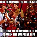 Gather Your Family Gunners 'Round The X-Mas Tree! | NOW REMEMBER THE RULES KIDS THE FIRST TO DRAW BLOOD GETS TO OPEN THE SURPRISE GIFT | image tagged in gather your family gunners 'round the x-mas tree,memes | made w/ Imgflip meme maker