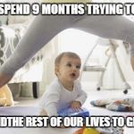 Baby and mommy | MEN, WE SPEND 9 MONTHS TRYING TO GET OUT THEN SPENDTHE REST OF OUR LIVES TO GET BACK IN | image tagged in baby and mommy | made w/ Imgflip meme maker