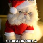 Santa Grumpy Cat | THE FOUR STAGES OF A MANS LIFE 1. BELIEVES IN SANTA. 2. DOESN'T BELIEVE IN SANTA . 3. IS SANTA. 4. LOOKS LIKE SANTA. | image tagged in santa grumpy cat | made w/ Imgflip meme maker