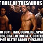 brad pitt fight club | FIRST RULE OF THESAURUS CLUB YOU DON'T TALK, CONVERSE, SPEAK, DISCUSS, CHAT, DELIBERATE, CONFER, GAB, GOSSIP OR NATTER ABOUT THESAURUS CLUB | image tagged in brad pitt fight club | made w/ Imgflip meme maker