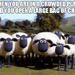 A Bag of chips | WHEN YOU ARE IN A CROWDED PLACE AND YOU OPEN A LARGE BAG OF CHIPS | image tagged in iphone sheep,memes,sheep,animals | made w/ Imgflip meme maker