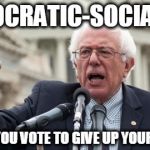 Bernie Sanders | DEMOCRATIC-SOCIALISM WHERE YOU VOTE TO GIVE UP YOUR RIGHTS | image tagged in bernie sanders | made w/ Imgflip meme maker