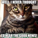 I Never Thought I'd Hear The Good News! | WELL, I NEVER THOUGHT I'D HEAR THE GOOD NEWS! | image tagged in tabby cat,memes,cat,funny | made w/ Imgflip meme maker