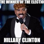 Steve Harvey | AND THE WINNER OF THE ELECTION IS.... HILLARY CLINTON | image tagged in steve harvey,scumbag | made w/ Imgflip meme maker