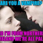 Twilight Nope | ARE YOU A VAMPIRE? NO I'M FROM NORTHERN IRELAND WE'RE ALL PALE. | image tagged in twilight nope | made w/ Imgflip meme maker