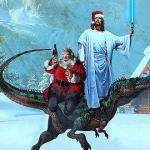 Jesus and Santa on a Raptor Lightsaber