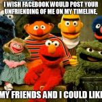 Elmo and Friends | I WISH FACEBOOK WOULD POST YOUR UNFRIENDING OF ME ON MY TIMELINE, SO MY FRIENDS AND I COULD LIKE IT! | image tagged in elmo and friends | made w/ Imgflip meme maker