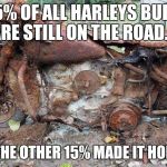 motorcycle harley | 85% OF ALL HARLEYS BUILT ARE STILL ON THE ROAD.... .... THE OTHER 15% MADE IT HOME! | image tagged in motorcycle harley | made w/ Imgflip meme maker