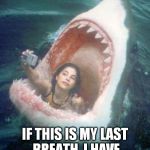 Shark | GIRLS BE LIKE, IF THIS IS MY LAST BREATH, I HAVE TO GET IT ON CAMERA. | image tagged in shark,memes | made w/ Imgflip meme maker