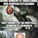 No Wall St. monsters can stop the Bernie freight train | BERNIE SANDERS IS THREATENING OUR CORPORATIST AGENDA! WE'LL SEE ABOUT THAT DON'T WORRY, I'M THE INEVITABLE DEMOCRATIC CANDIDATE | image tagged in we'll see about that,feel the bern,bernie sanders,hillary clinton,donald trump,trump | made w/ Imgflip meme maker