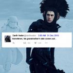 Grandmothers: Influencing us at the wrong time | Sometimes, his grandmother's side comes out... @darthvader 3:00 AM  31 Dec 2015 Darth Vader | image tagged in star wars darth vader twitter,kylo ren,star wars the force awakens,darth vader | made w/ Imgflip meme maker