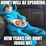 Cat in PJS | HOW I WILL BE SPENDING NEW YEARS EVE-DONT JUDGE ME! | image tagged in cat in pjs | made w/ Imgflip meme maker