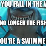 Fish are friends not food | WHEN YOU FALL IN THE WATER YOU'RE A SWIMMER YOU'RE NO LONGER THE FISHERMAN | image tagged in fish are friends not food | made w/ Imgflip meme maker