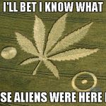 The idea of stoner aliens just cracks me up. | I'LL BET I KNOW WHAT THESE ALIENS WERE HERE FOR | image tagged in marijuana crop circle,memes,marijuana,funny,crop circles,aliens | made w/ Imgflip meme maker