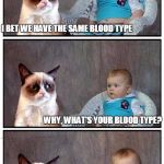 Dad Joke Cat | I BET WE HAVE THE SAME BLOOD TYPE WHY, WHAT'S YOUR BLOOD TYPE? RED | image tagged in dad joke cat,memes | made w/ Imgflip meme maker