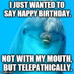 Telepathic birthday dolphin.  | I JUST WANTED TO SAY HAPPY BIRTHDAY. NOT WITH MY MOUTH, BUT TELEPATHICALLY. | image tagged in happy birthday | made w/ Imgflip meme maker