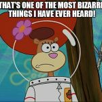Sandy Cheeks - Bizarre Things | THAT'S ONE OF THE MOST BIZARRE THINGS I HAVE EVER HEARD! | image tagged in sandy cheeks,memes,spongebob squarepants,sandy cheeks cowboy hat,texas girl,confused | made w/ Imgflip meme maker