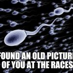 sperm swimming | FOUND AN OLD PICTURE OF YOU AT THE RACES | image tagged in sperm swimming | made w/ Imgflip meme maker