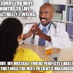 Doctor Harvey | I'M SORRY YOU HAVE 6 MONTHS TO LIVE... NO, ACTUALLY 2 WEEKS. SORRY, MY MISTAKE, YOU'RE PERFECTLY HEALTHY, THAT WAS THE NEXT PATIENT'S DIAGNO | image tagged in doctor harvey,memes | made w/ Imgflip meme maker