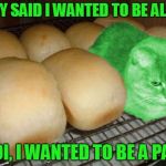 Memes baking | THEY SAID I WANTED TO BE ALOOF MOI, I WANTED TO BE A PAIN | image tagged in loaf raycat,memes | made w/ Imgflip meme maker