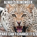 A Leopard Can't Change It's Spots | ALWAYS REMEMBER, A LEOPARD CAN'T CHANGE IT'S SPOTS | image tagged in a leopard can't change it's spots | made w/ Imgflip meme maker