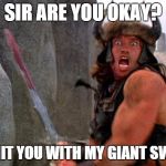 Conan the Barbarian charge | SIR ARE YOU OKAY? DID I HIT YOU WITH MY GIANT SWORD? | image tagged in conan the barbarian charge | made w/ Imgflip meme maker