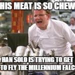 Gordon ramsey | THIS MEAT IS SO CHEWY HAN SOLO IS TRYING TO GET IT TO FLY THE MILLENNIUM FALCON | image tagged in gordon ramsey | made w/ Imgflip meme maker