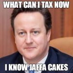 David Cameron | WHAT CAN I TAX NOW I KNOW JAFFA CAKES | image tagged in david cameron | made w/ Imgflip meme maker