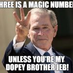 Bush | THREE IS A MAGIC NUMBER. UNLESS YOU'RE MY DOPEY BROTHER JEB! | image tagged in bush | made w/ Imgflip meme maker