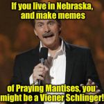 ..........you might be a Viener Schlinger. | If you live in Nebraska, and make memes of Praying Mantises, you might be a Viener Schlinger! | image tagged in foxworthy,memes,funny memes | made w/ Imgflip meme maker